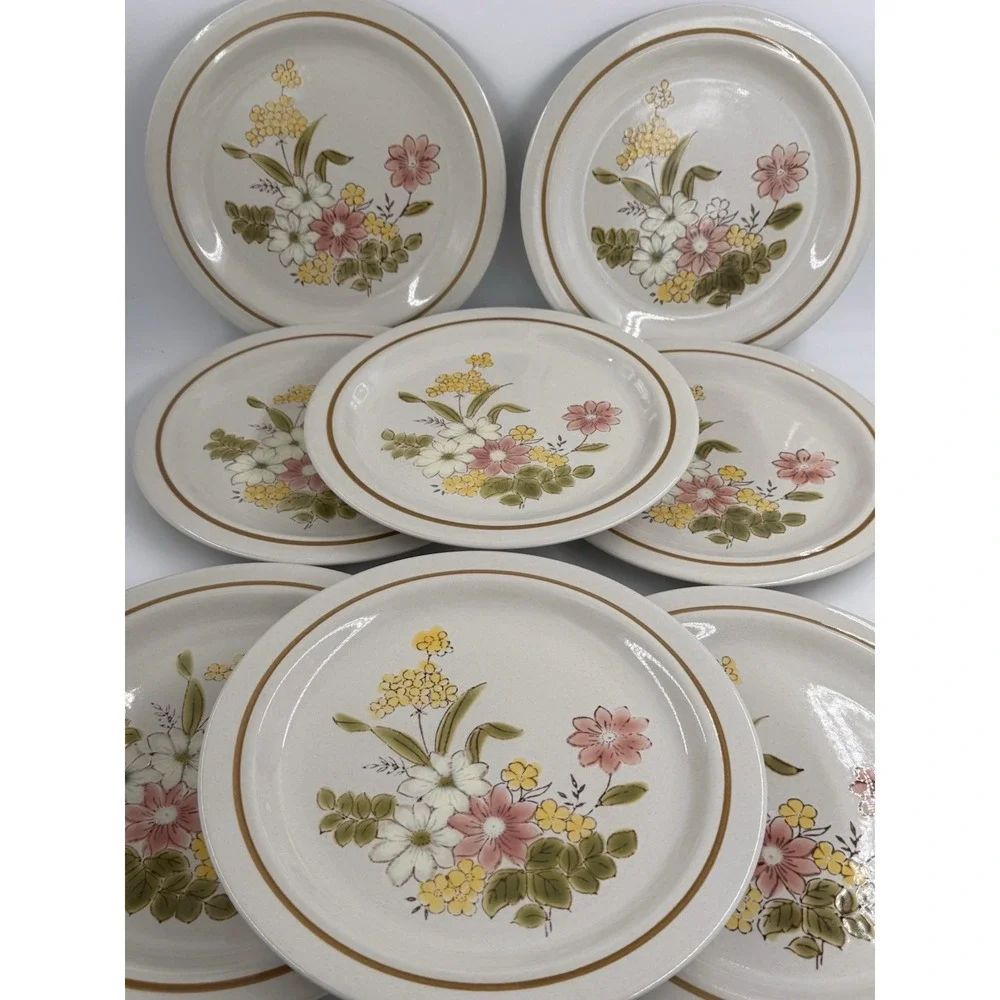 Dinner Plates 8 ct VTG Kingsbury Stoneware Spring Blossom Floral Japan 10.5